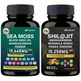 15-in-1 Sea Moss & 8-in-1 Shilajit Ashwagandha Supplement Bundle Energy Mood Support 60 Capsules Each (Option: 01)